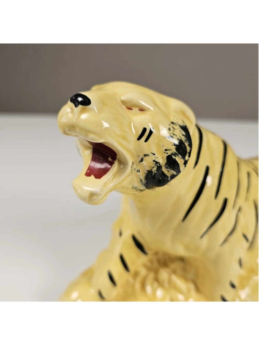 Vintage MCM Yellow Ceramic Tiger Planter Figurine 1950s TV Top Caddy Retro Gloss